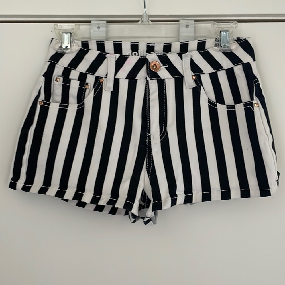 Black and white vertical stripe denim shorts